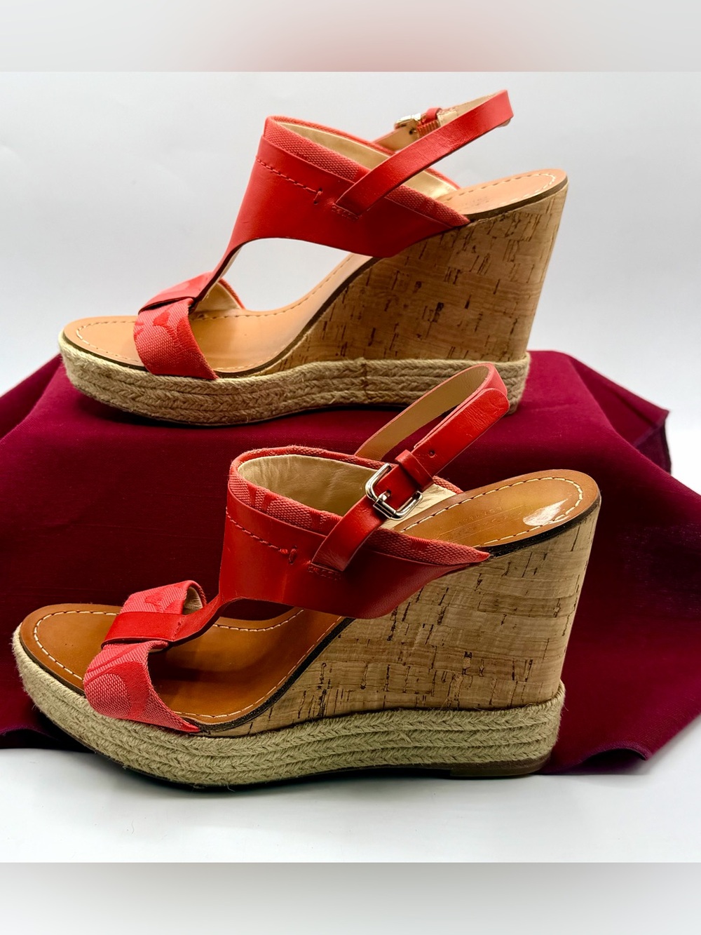 Coach Mendez Coral Orange Cork Wedge Espadrille Sandals Women 9B Shoes Heels